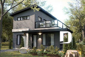 Vue avant - MODÈLE DE BASE - Plan de petite maison moderne 2 chambres + bureau, cuisine compacte avec îlot et garde-manger, grande terrace - Joshua 3