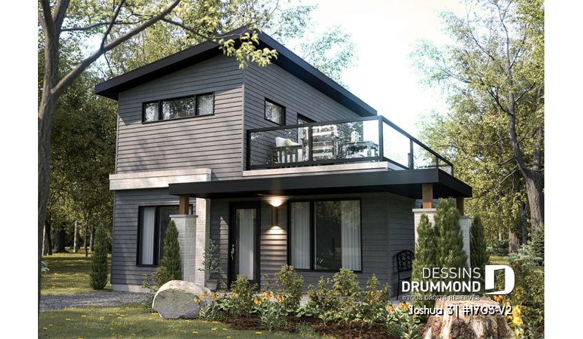 Vue avant - MODÈLE DE BASE - Plan de petite maison moderne 2 chambres + bureau, cuisine compacte avec îlot et garde-manger, grande terrace - Joshua 3