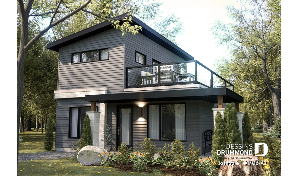 Vue avant - MODÈLE DE BASE - Plan de petite maison moderne 2 chambres + bureau, cuisine compacte avec îlot et garde-manger, grande terrace - Joshua 3