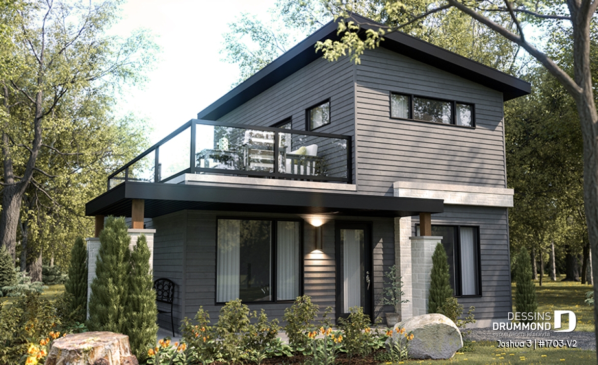 Vue avant - MODÈLE DE BASE - Plan de petite maison moderne 2 chambres + bureau, cuisine compacte avec îlot et garde-manger, grande terrasse - Joshua 3