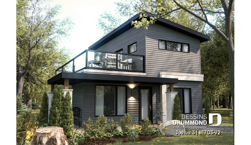 Vue avant - MODÈLE DE BASE - Plan de petite maison moderne 2 chambres + bureau, cuisine compacte avec îlot et garde-manger, grande terrace - Joshua 3