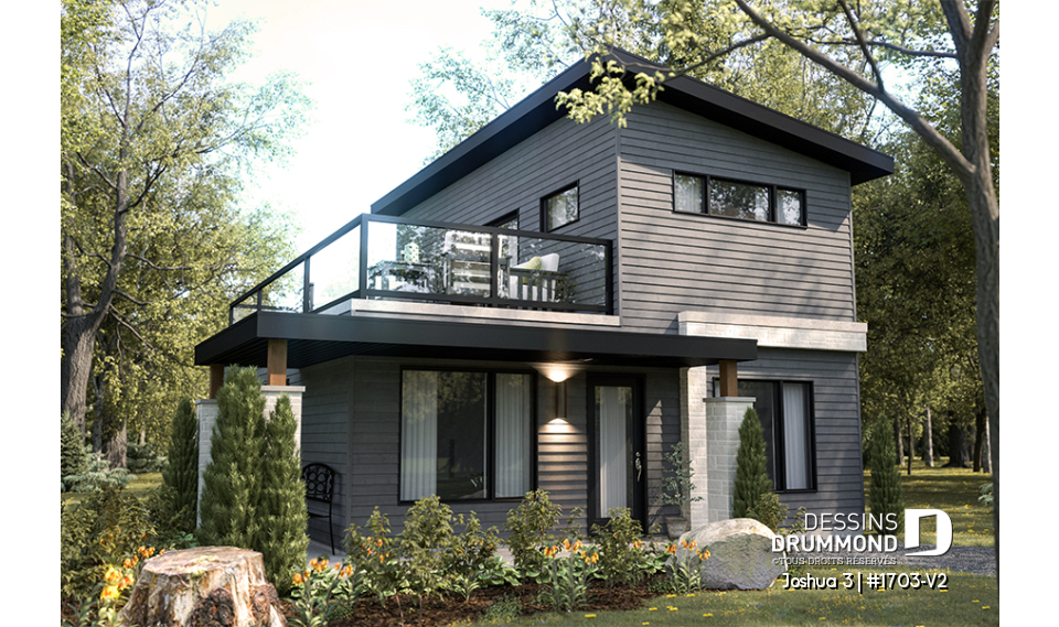 Vue avant - MODÈLE DE BASE - Plan de petite maison moderne 2 chambres + bureau, cuisine compacte avec îlot et garde-manger, grande terrace - Joshua 3