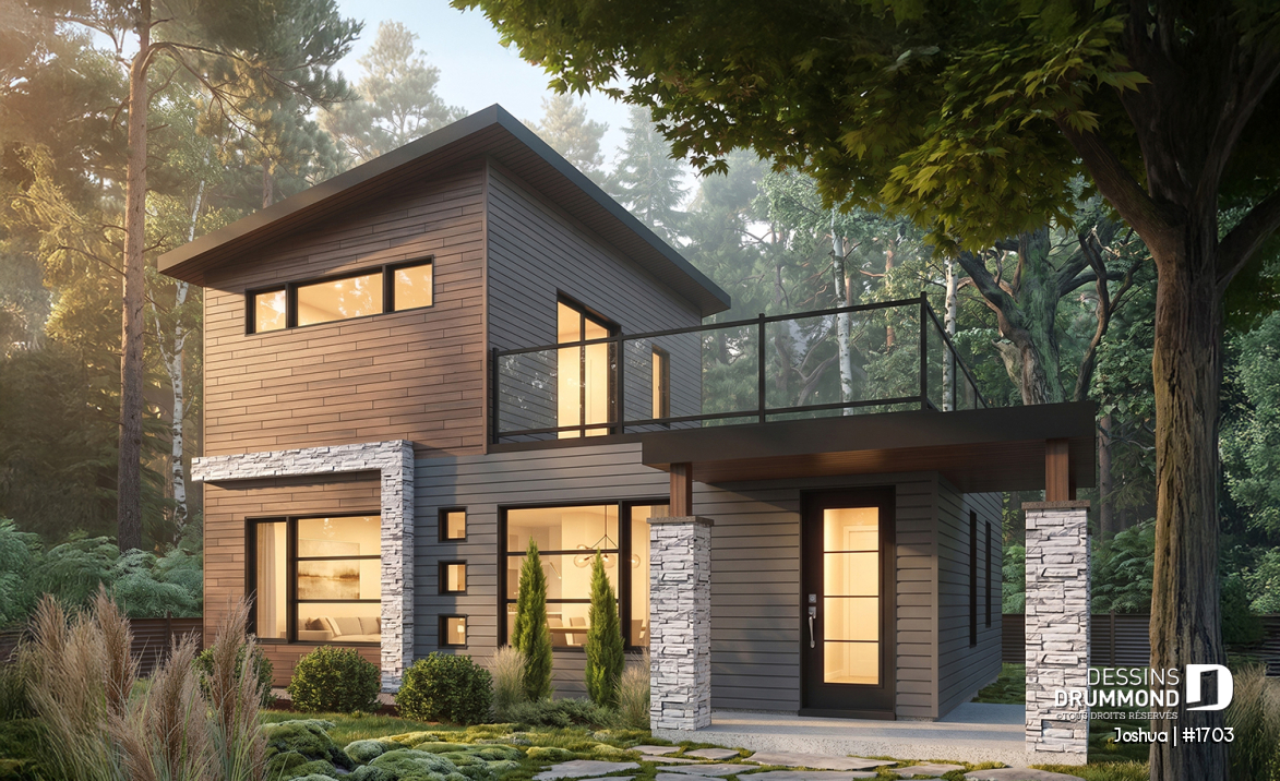 Vue avant - MODÈLE DE BASE - Plan de maison moderne compacte avec aire ouverte, suite à l’étage et grande terrasse - Joshua