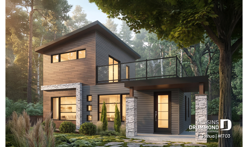 Vue avant - MODÈLE DE BASE - Plan de maison moderne compacte avec aire ouverte, suite à l’étage et grande terrasse - Joshua