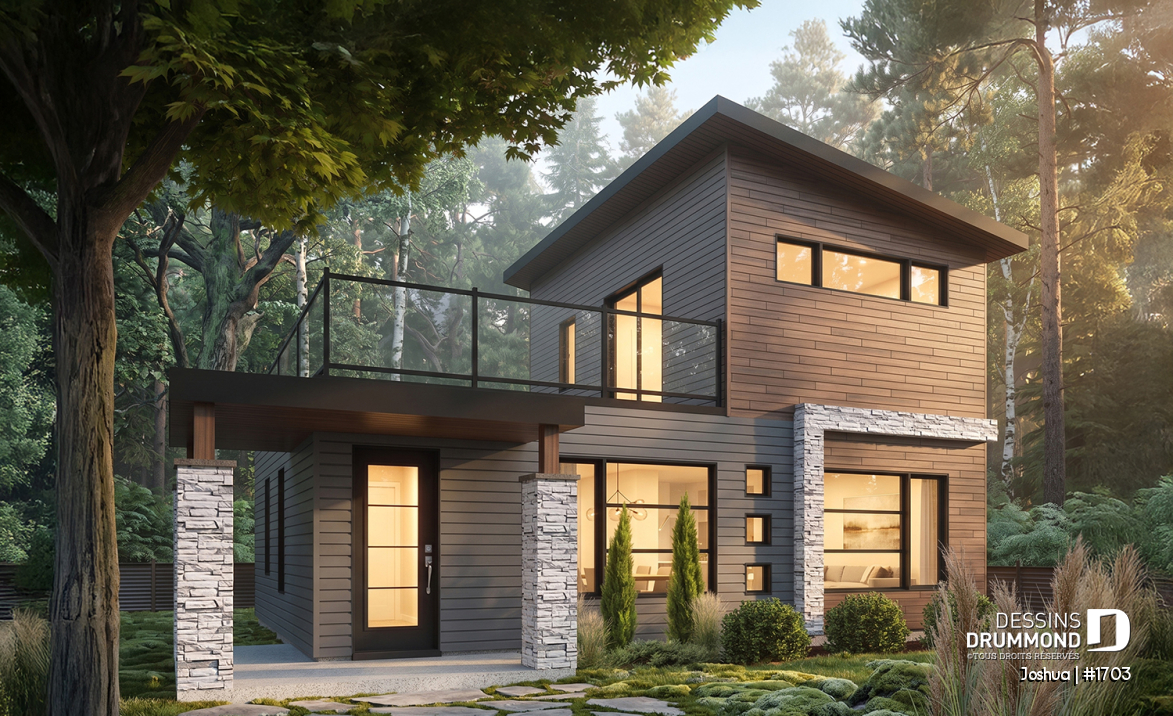 Vue avant - MODÈLE DE BASE - Plan de maison moderne compacte avec aire ouverte, suite à l’étage et grande terrasse - Joshua