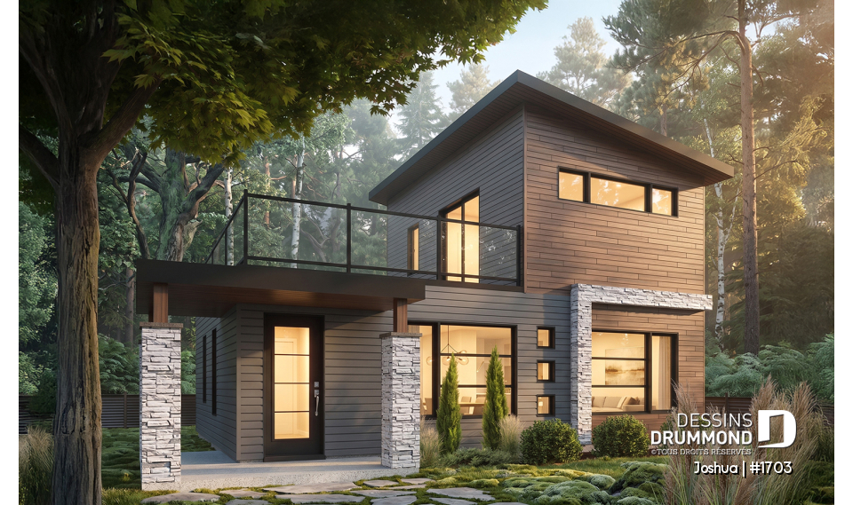 Vue avant - MODÈLE DE BASE - Plan de maison moderne compacte avec aire ouverte, suite à l’étage et grande terrasse - Joshua