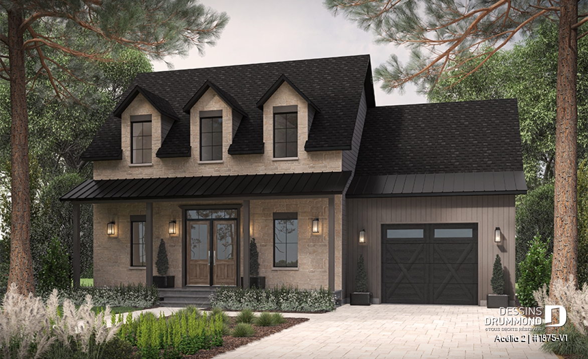 Vue avant - MODÈLE DE BASE - Plan de maison de style Canadien, 3 chambres, garage, terrasse abritée, bureau, plafond cathédrale au salon - Acélia 2