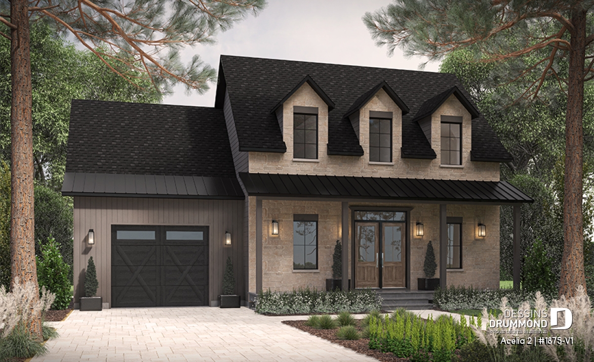 Vue avant - MODÈLE DE BASE - Plan de maison de style Canadien, 3 chambres, garage, terrasse abritée, bureau, plafond cathédrale au salon - Acélia 2