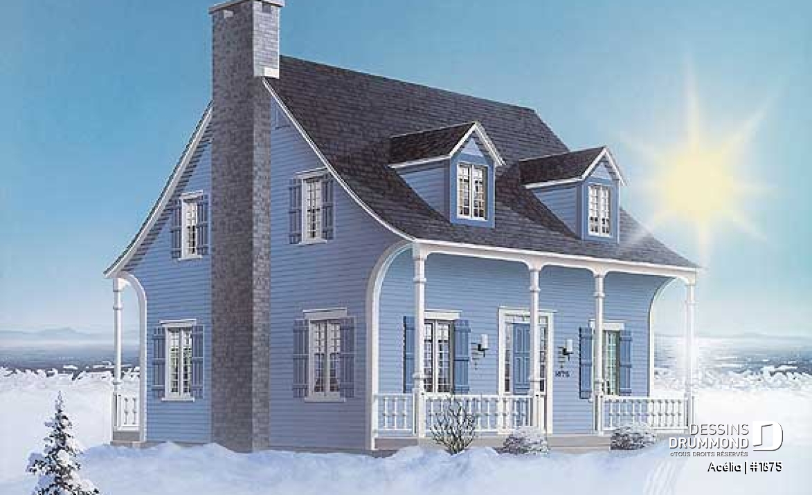 Vue avant - MODÈLE DE BASE - Plan de maison canadienne 3 chambres, avec lucarnes, foyer au salon, buanderie au premier, boudoir - Acélia