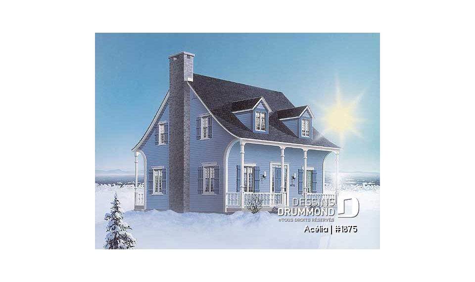 Vue avant - MODÈLE DE BASE - Plan de maison canadienne 3 chambres, avec lucarnes, foyer au salon, buanderie au premier, boudoir - Acélia