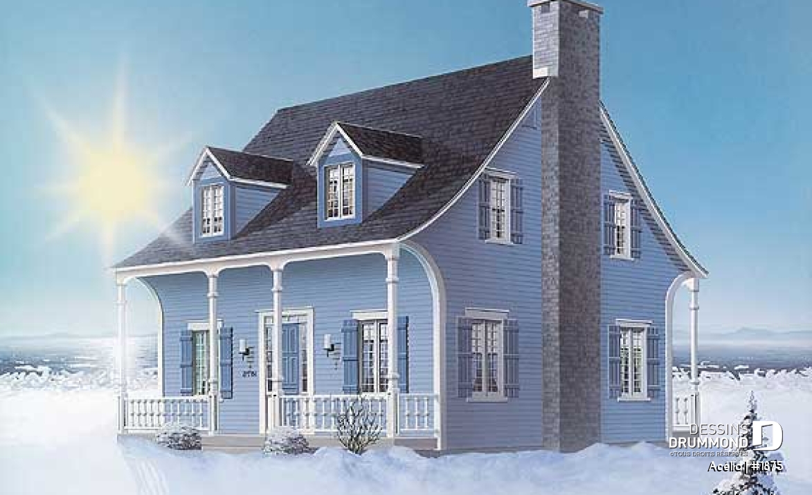 Vue avant - MODÈLE DE BASE - Plan de maison canadienne 3 chambres, avec lucarnes, foyer au salon, buanderie au premier, boudoir - Acélia