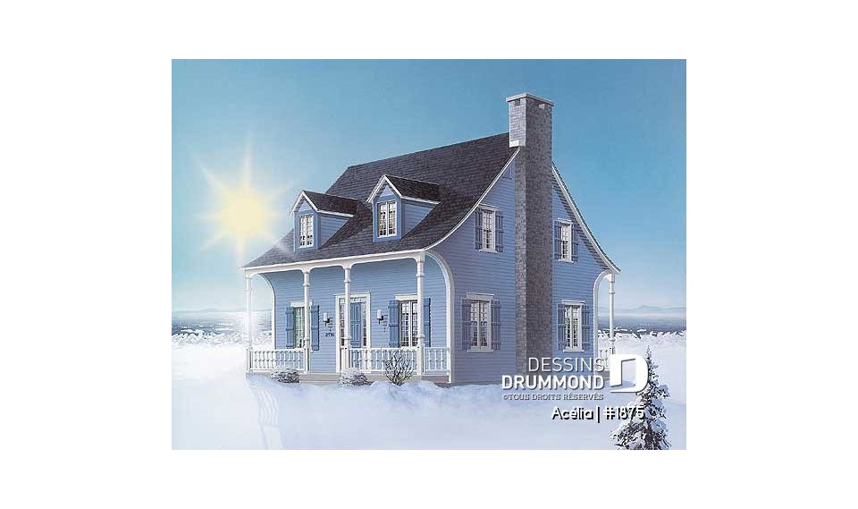 Vue avant - MODÈLE DE BASE - Plan de maison canadienne 3 chambres, avec lucarnes, foyer au salon, buanderie au premier, boudoir - Acélia