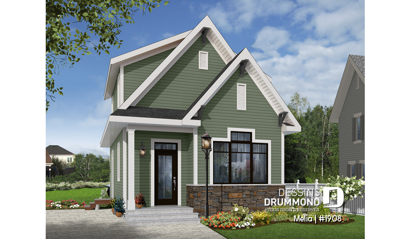Version couleur no. 3 - Vue avant du plan de maison unifamiliale 1908 Version couleur no. 3 - Vue avant - Melia
