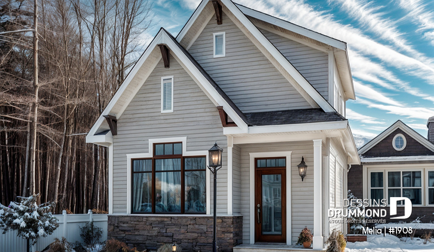 Vue avant - MODÈLE DE BASE - Modèle de petite maison champêtre abordable avec 2-3 chambres, plan intelligent et charme intemporel - Melia
