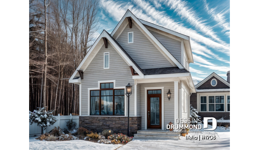 Vue avant - MODÈLE DE BASE du plan de maison unifamiliale 1908 Vue avant - MODÈLE DE BASE - Modèle de petite maison champêtre abordable avec 2-3 chambres, plan intelligent et charme intemporel - Melia