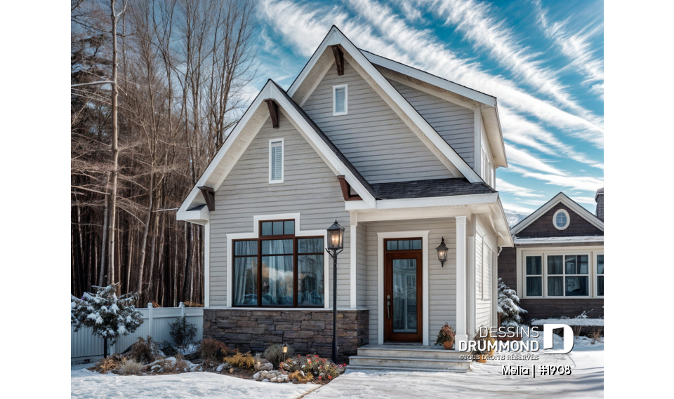 Vue avant - MODÈLE DE BASE - Modèle de petite maison champêtre abordable avec 2-3 chambres, plan intelligent et charme intemporel - Melia