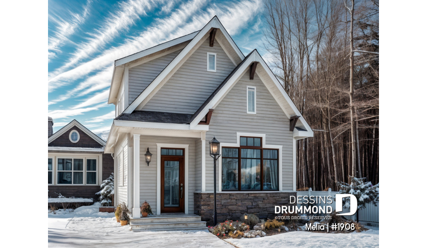 Vue avant - MODÈLE DE BASE du plan de maison unifamiliale 1908 Vue avant - MODÈLE DE BASE - Modèle de petite maison champêtre abordable avec 2-3 chambres, plan intelligent et charme intemporel - Melia