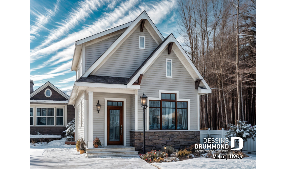 Vue avant - MODÈLE DE BASE - Modèle de petite maison champêtre abordable avec 2-3 chambres, plan intelligent et charme intemporel - Melia