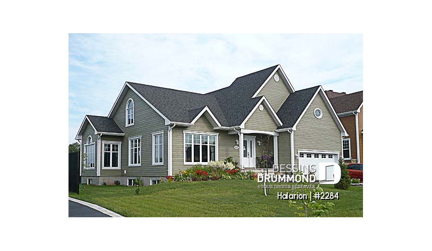 Vue avant - MODÈLE DE BASE du plan de maison unifamiliale 2284 Vue avant - MODÈLE DE BASE - Plain-pied champêtre lumineux avec espace boni, garage, plafond cathédrale et sous-sol évolutif - Halarion