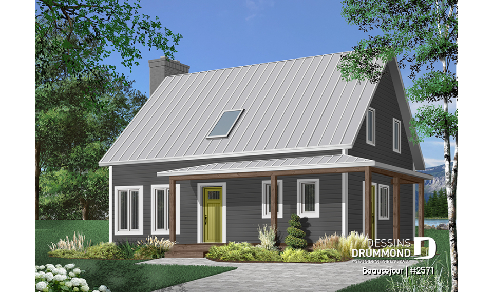 Vue avant - MODÈLE DE BASE - Plan de maison de style transitionnel, salle à diner formelle, foyer, 3 chambres, buanderie, banquette - Beauséjour