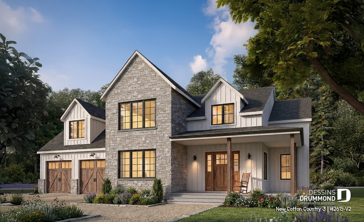 Vue avant - MODÈLE DE BASE - Plan de maison 4 chambres avec plafond cathédral, garage double et terrasse couverte - New Cotton Country 3
