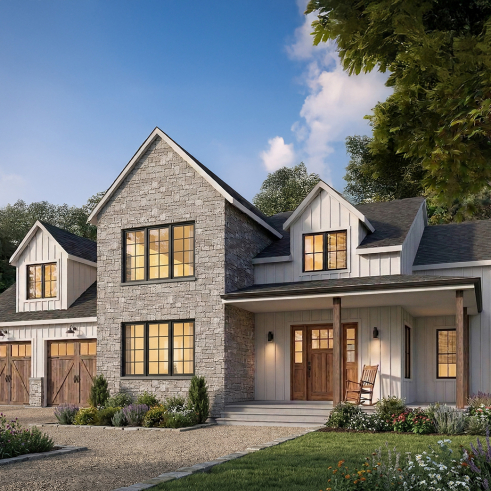 Vue avant - MODÈLE DE BASE - Plan de maison 4 chambres avec plafond cathédral, garage double et terrasse couverte - New Cotton Country 3