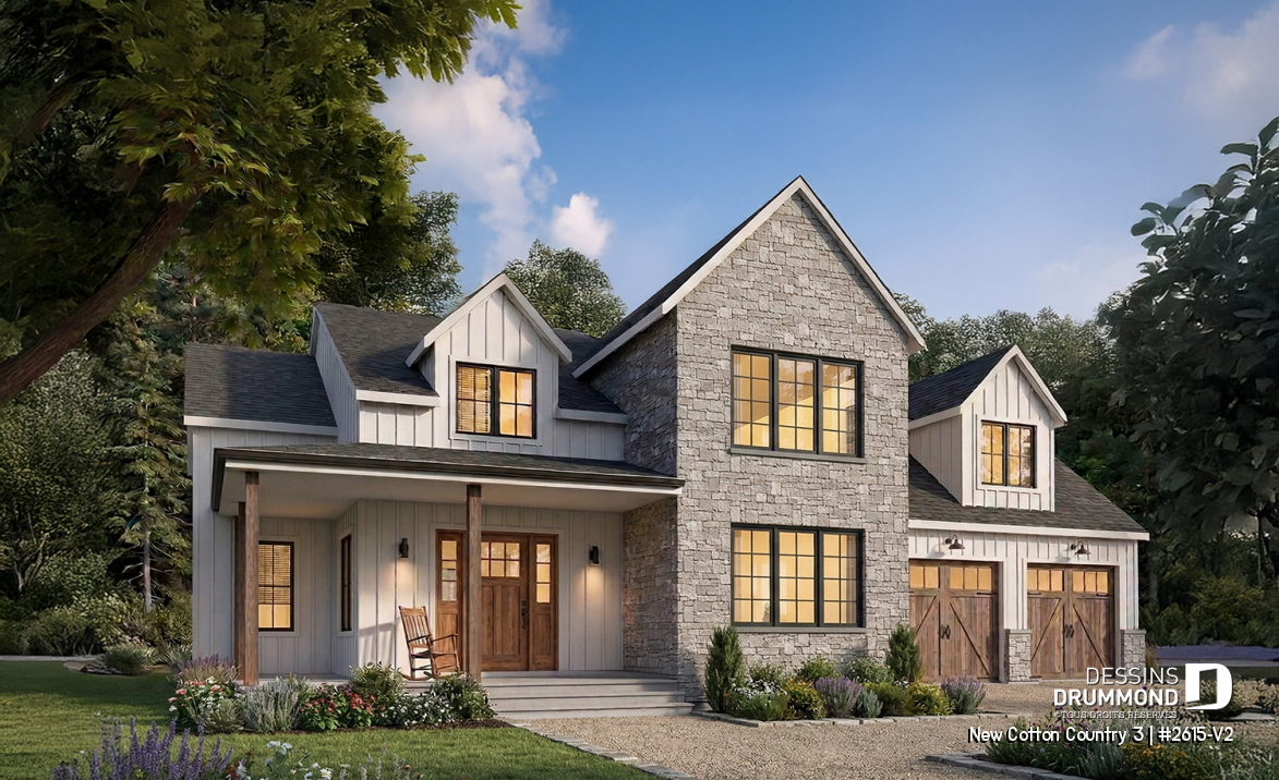 Vue avant - MODÈLE DE BASE - Plan de maison 4 chambres avec plafond cathédral, garage double et terrasse couverte - New Cotton Country 3