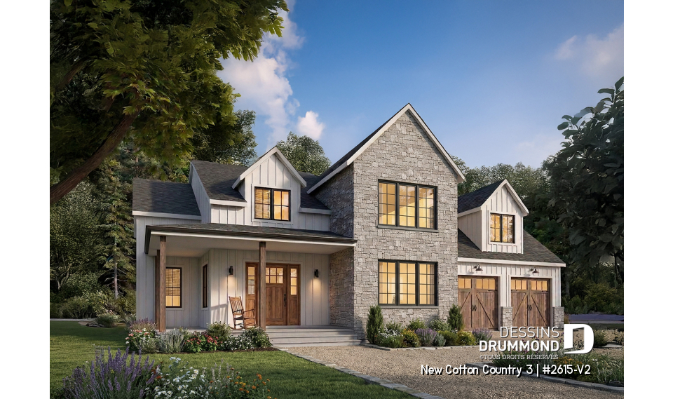 Vue avant - MODÈLE DE BASE - Plan de maison 4 chambres avec plafond cathédral, garage double et terrasse couverte - New Cotton Country 3