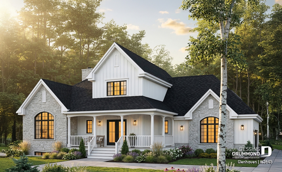 Vue avant - MODÈLE DE BASE - Plan de grande maison à étage, garage double, plafond 9', chambre des parents au 1er, 2 à 3 chambres à l'étage - Glenhaven