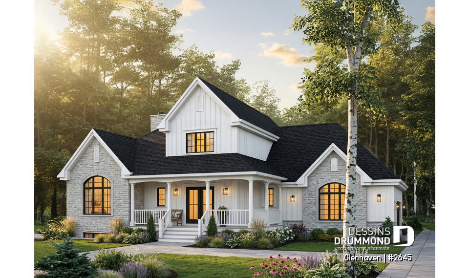 Vue avant - MODÈLE DE BASE - Plan de grande maison à étage, garage double, plafond 9', chambre des parents au 1er, 2 à 3 chambres à l'étage - Glenhaven