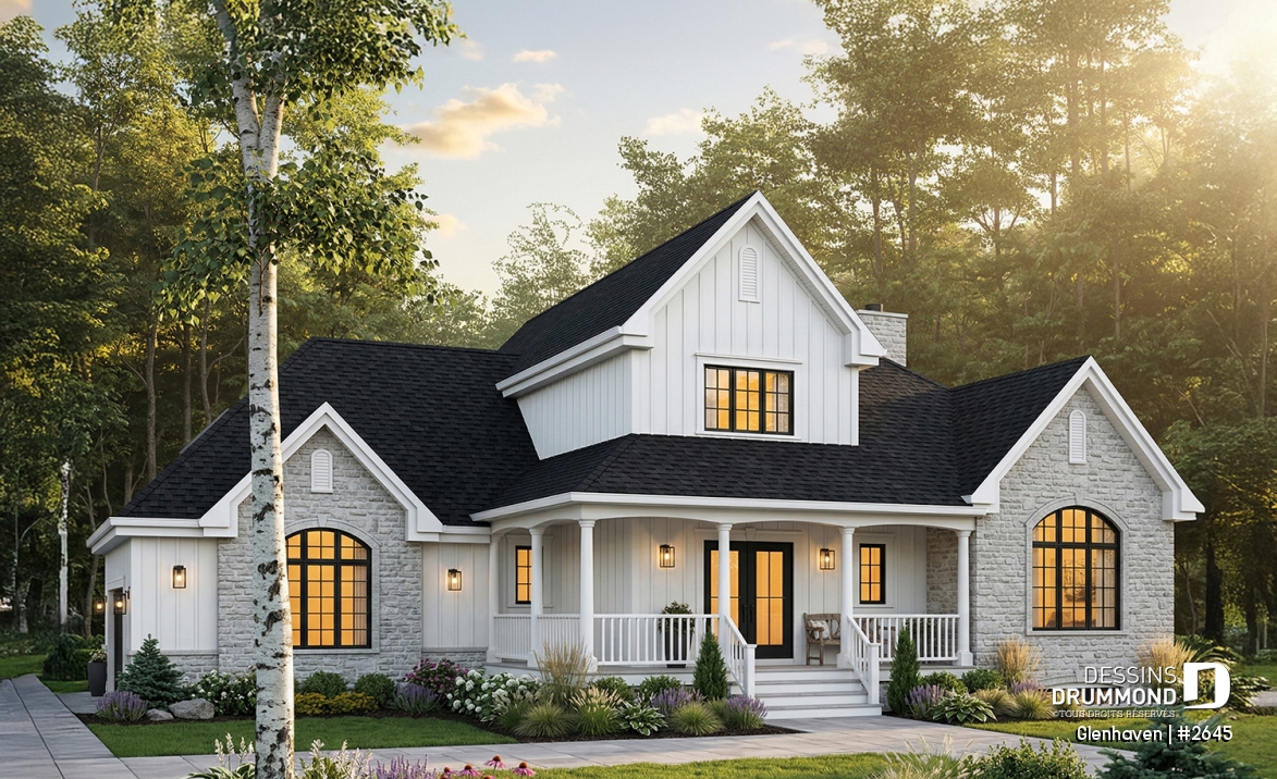 Vue avant - MODÈLE DE BASE - Plan de grande maison à étage, garage double, plafond 9', chambre des parents au 1er, 2 à 3 chambres à l'étage - Glenhaven