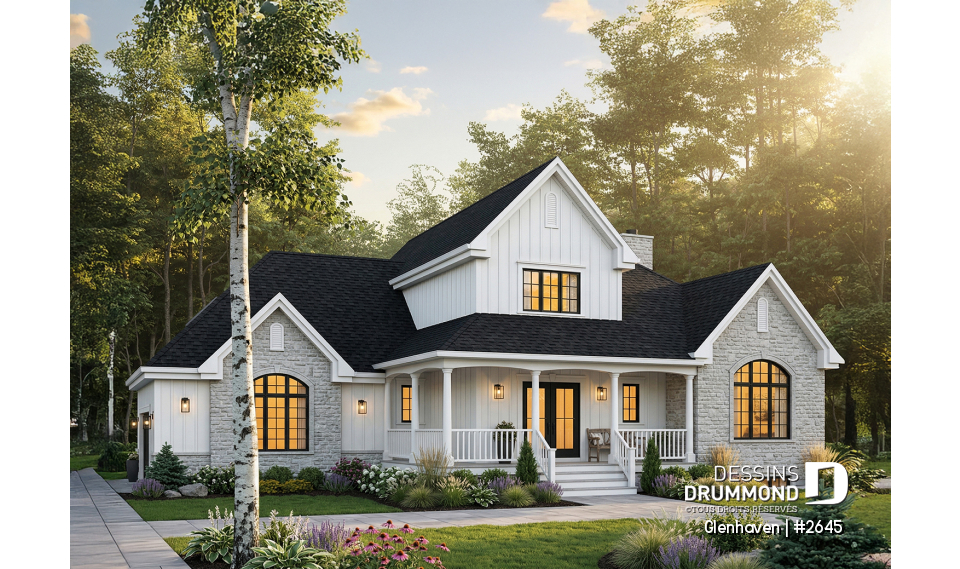 Vue avant - MODÈLE DE BASE - Plan de grande maison à étage, garage double, plafond 9', chambre des parents au 1er, 2 à 3 chambres à l'étage - Glenhaven