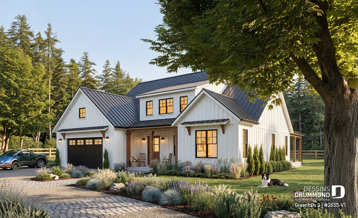 Vue avant - MODÈLE DE BASE - Plan maison Farmhouse 4 chambres, garage triple, îlot, garde-manger, foyer, suite des parents au premier - Greenhills 2
