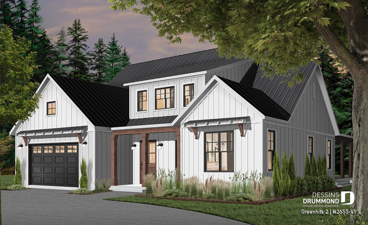 Vue avant - MODÈLE DE BASE - Plan maison Farmhouse 4 chambres, garage triple, îlot, garde-manger, foyer, suite des parents au premier - Greenhills 2