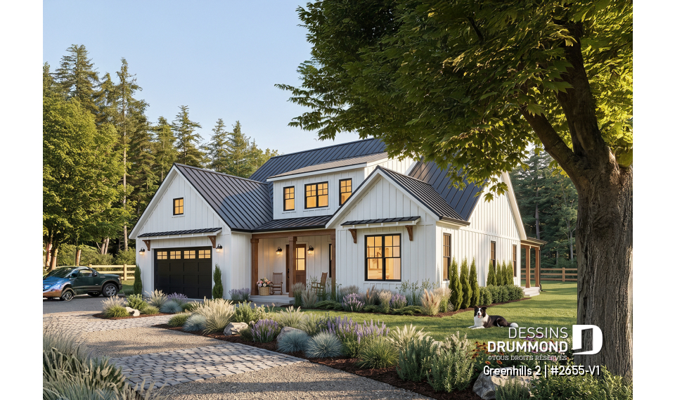 Vue avant - MODÈLE DE BASE - Plan maison Farmhouse 4 chambres, garage triple, îlot, garde-manger, foyer, suite des parents au premier - Greenhills 2
