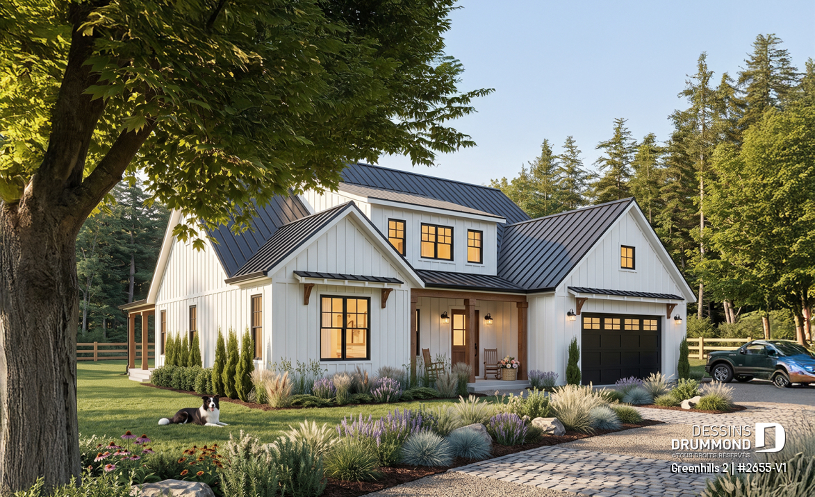 Vue avant - MODÈLE DE BASE - Plan maison Farmhouse 4 chambres, garage triple, îlot, garde-manger, foyer, suite des parents au premier - Greenhills 2