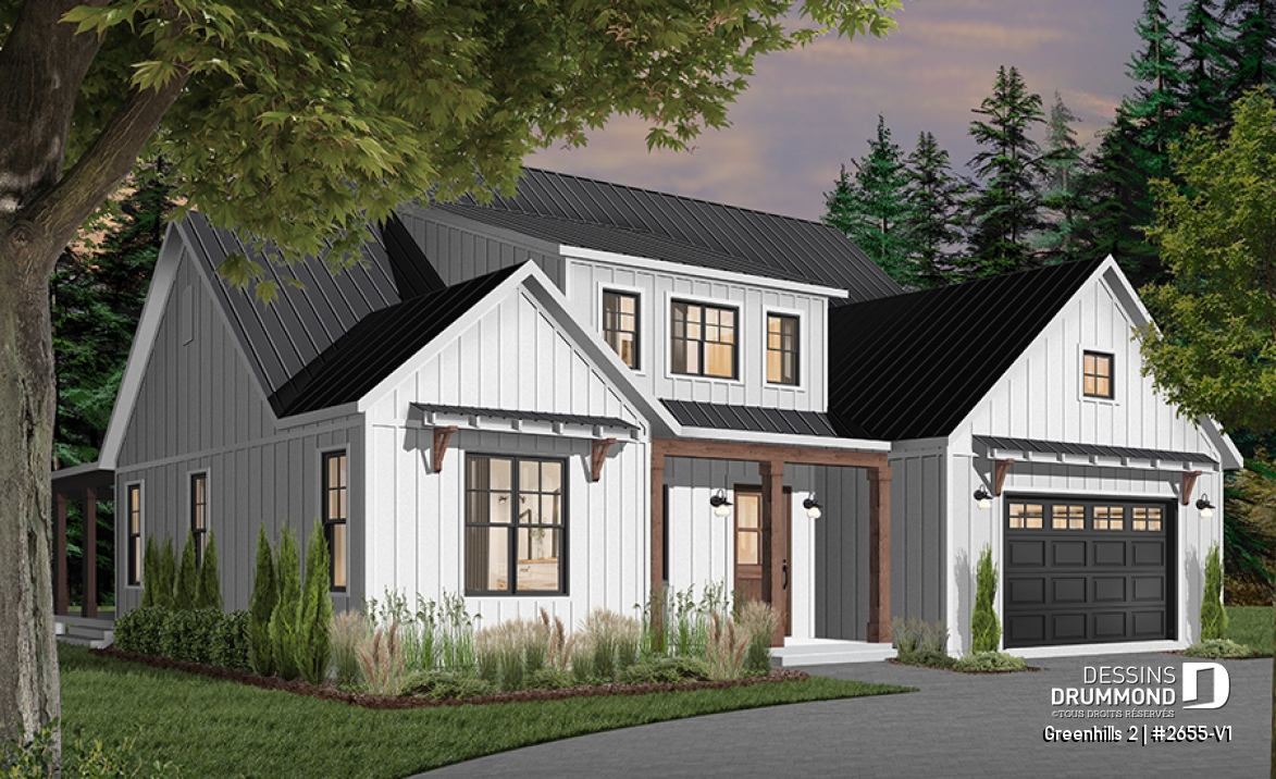 Vue avant - MODÈLE DE BASE - Plan maison Farmhouse 4 chambres, garage triple, îlot, garde-manger, foyer, suite des parents au premier - Greenhills 2