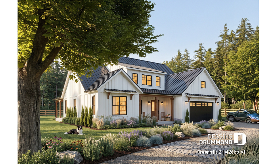 Vue avant - MODÈLE DE BASE - Plan maison Farmhouse 4 chambres, garage triple, îlot, garde-manger, foyer, suite des parents au premier - Greenhills 2
