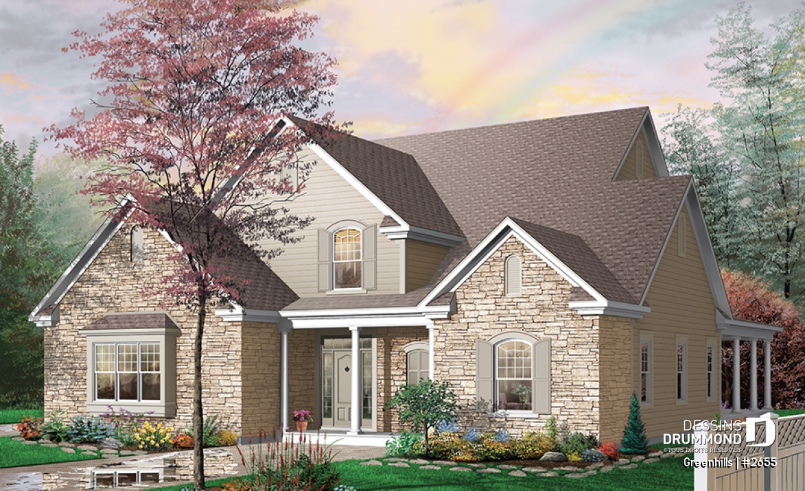Vue avant - MODÈLE DE BASE - Plan de maison 4 chambres et 3 salles de bain, garage double, terrasse abritée, garde-manger, foyer - Greenhills