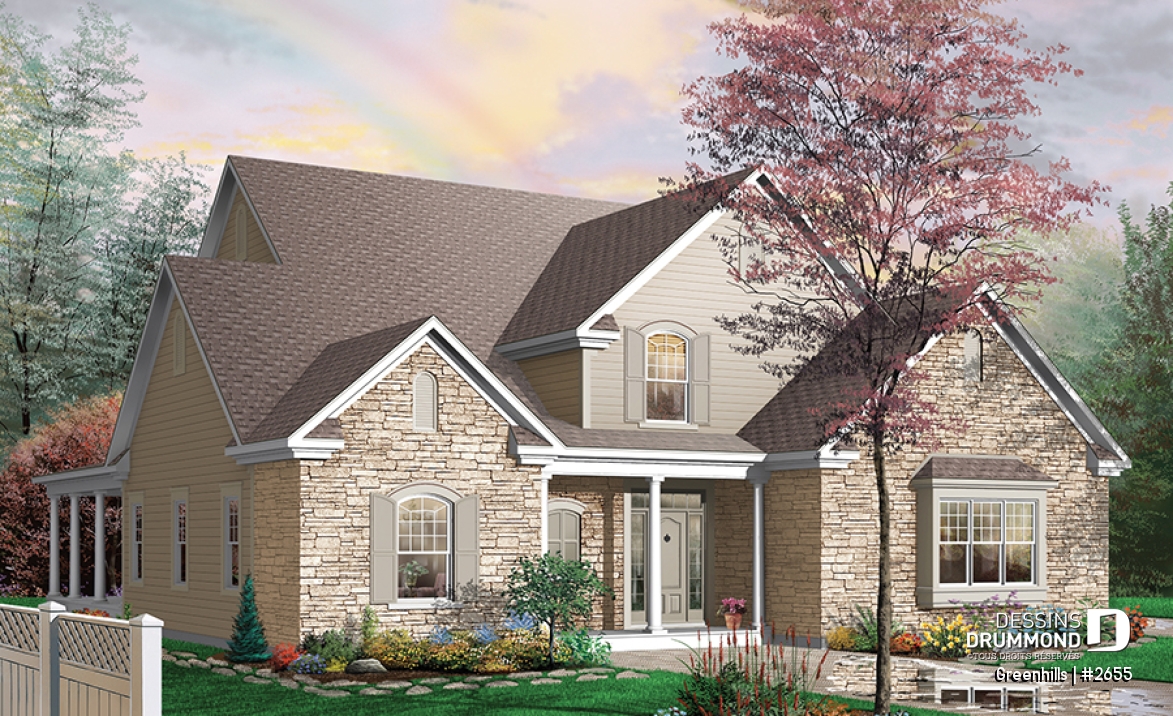 Vue avant - MODÈLE DE BASE - Plan de maison 4 chambres et 3 salles de bain, garage double, terrasse abritée, garde-manger, foyer - Greenhills