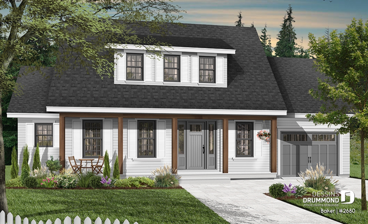 Vue avant - MODÈLE DE BASE - Plan de maison canadienne 3 chambres, 2.5 salles de bain, foyer deux faces, coin déjeuner, garage - Baker