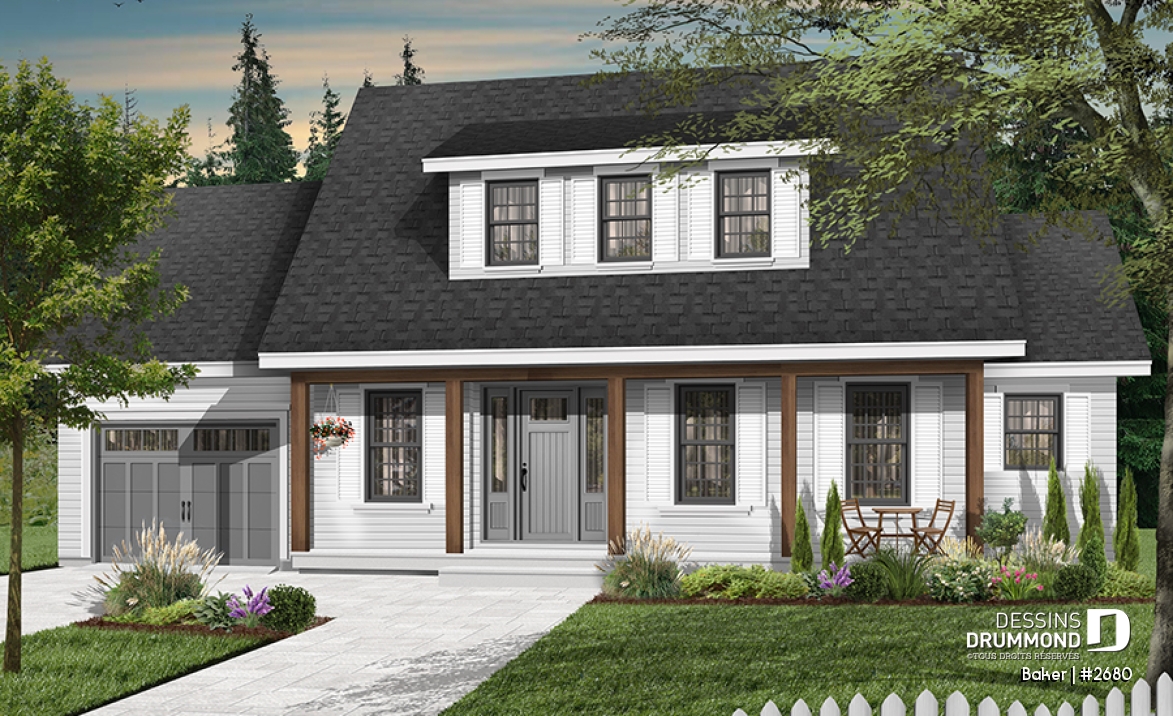 Vue avant - MODÈLE DE BASE - Plan de maison canadienne 3 chambres, 2.5 salles de bain, foyer deux faces, coin déjeuner, garage - Baker