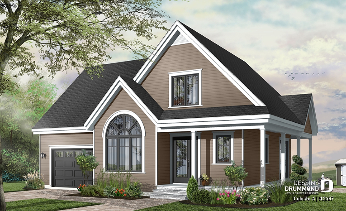 Vue avant - MODÈLE DE BASE - Plan de maison de champêtre, 3 grandes chambres, garage, salle à manger tout en lumière, maison abordable - Celeste 4