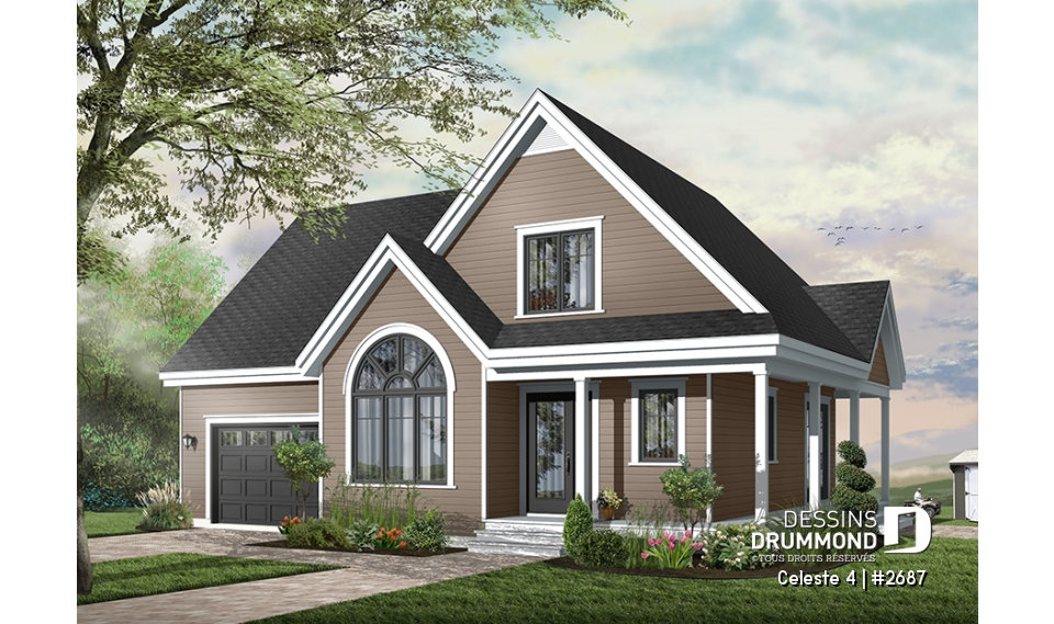 Vue avant - MODÈLE DE BASE - Plan de maison de champêtre, 3 grandes chambres, garage, salle à manger tout en lumière, maison abordable - Celeste 4