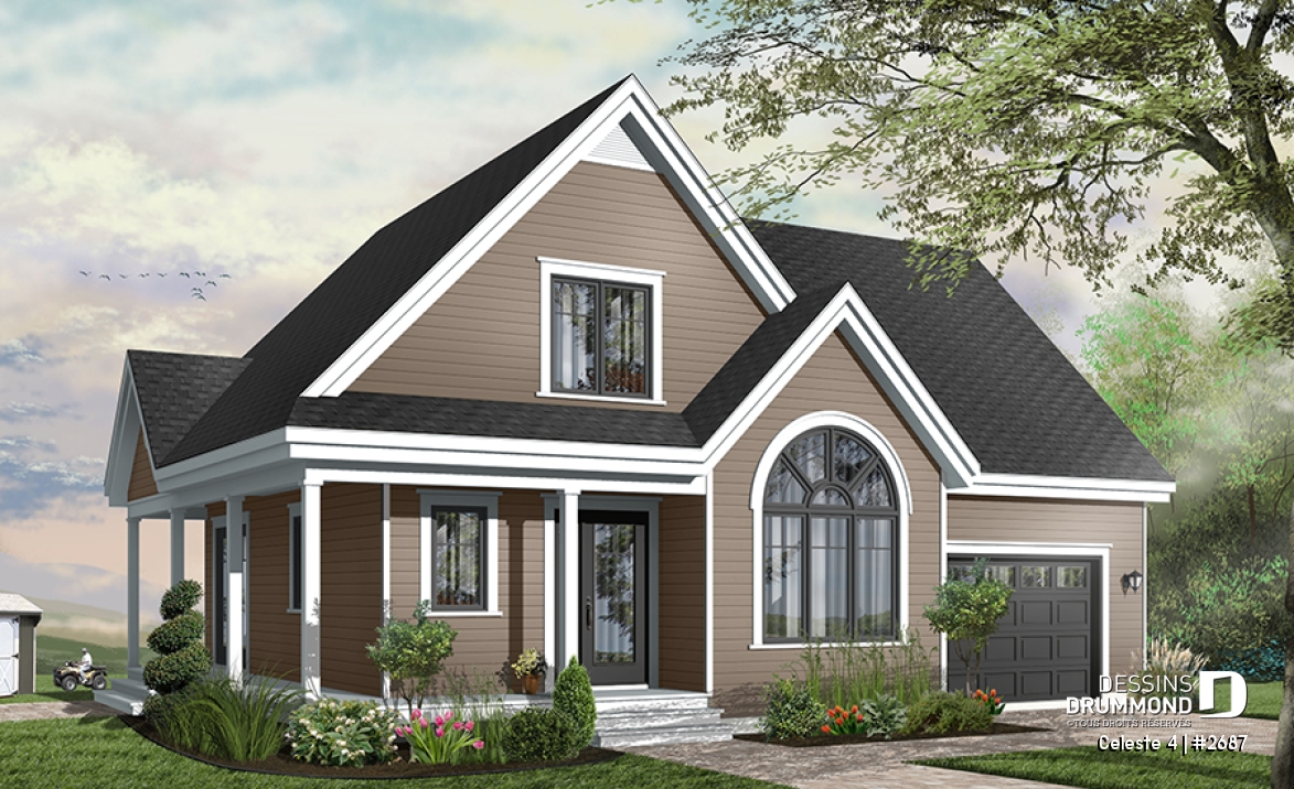 Vue avant - MODÈLE DE BASE - Plan de maison de champêtre, 3 grandes chambres, garage, salle à manger tout en lumière, maison abordable - Celeste 4