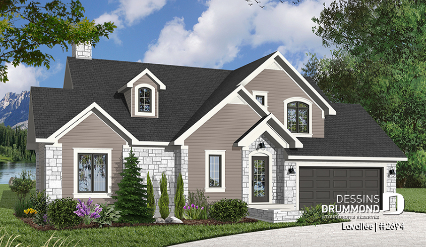Vue avant - MODÈLE DE BASE - Maison pour vue panoramique, suite des maîtres au r-d-c, mezzanine, 4 chambres, garage double - Lavallée