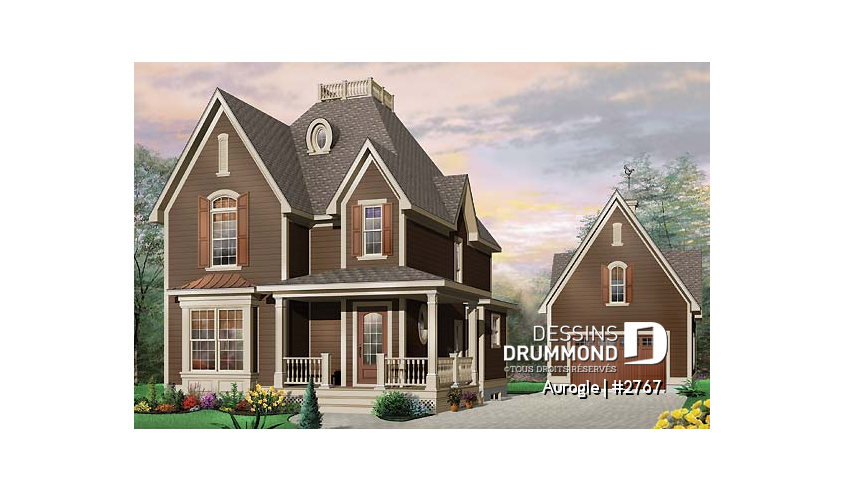 Vue avant - MODÈLE DE BASE - Modèle de maison Tudor, 3 chambres, grand salon avec foyer, coin déjeuner, suite des maîtres à l'étage - Aurogle