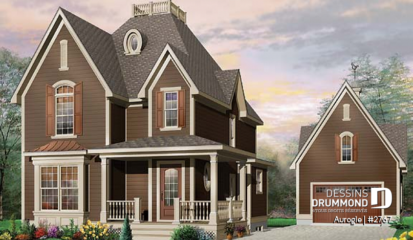 Vue avant - MODÈLE DE BASE - Modèle de maison Tudor, 3 chambres, grand salon avec foyer, coin déjeuner, suite des maîtres à l'étage - Aurogle