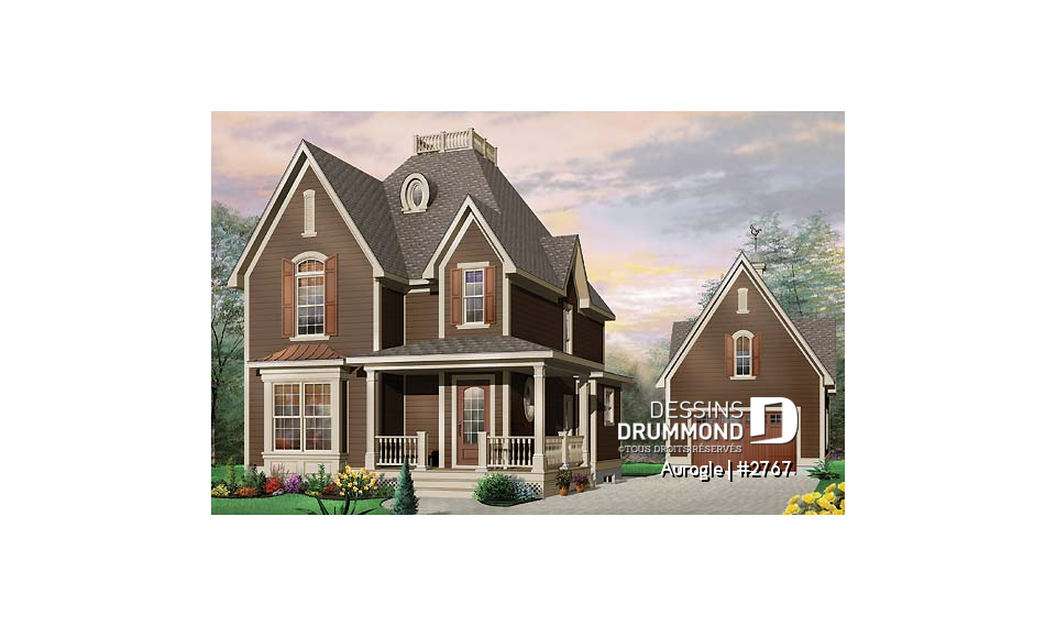 Vue avant - MODÈLE DE BASE - Modèle de maison Tudor, 3 chambres, grand salon avec foyer, coin déjeuner, suite des maîtres à l'étage - Aurogle