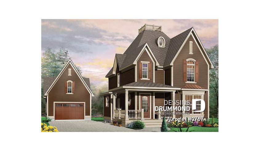 Vue avant - MODÈLE DE BASE - Modèle de maison Tudor, 3 chambres, grand salon avec foyer, coin déjeuner, suite des maîtres à l'étage - Aurogle